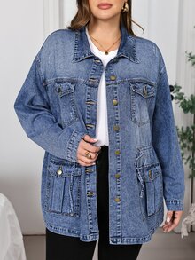 EMERY ROSE 大尺碼收腰工裝牛仔夾克，工裝口袋牛仔夾克，萬聖節，聖誕節，秋冬，度假，商務，鄉村，復古，新年 - 藍色 - 查看 7
