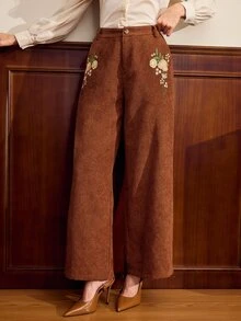 Vintamour Women's Pocket Button Floral Embroidered Pattern Long Pants - Brown - View 6