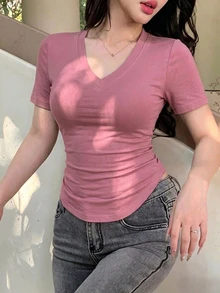 DAZY 女款粉色純色圓領短袖T恤，休閒街頭戶外音樂節情人節婚禮運動上衣，夏季 - 粉色 - 查看 5