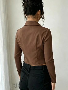 INAWLY 休閒修身翻領拉鍊金屬鈕扣裝飾性感長袖女式襯衫 - 咖啡棕 - 查看 2
