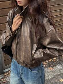 DAZY 春季新款做舊皮革短夾克 情人節女款休閒外套 - 鏽棕色 - 查看 6