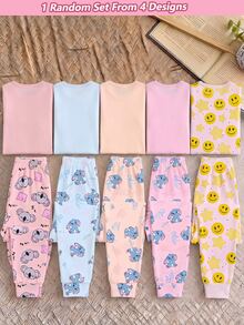 [Randomly Send 1set]Girls Fashion New Cute Koala, Rabbit & Star Round Neck Pullover Long Sleeve Top With Rabbit Element Pattern All-Over Print Long Pants, Knitted Fabric Comfortable Soft High Elasticity Slim Fit 2 Pieces Set Loungewear - Multicolor - View 2