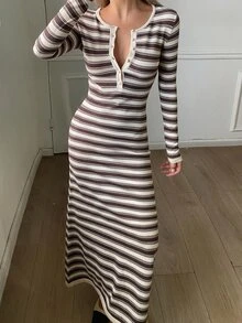 DAZY Women's Button Half-Placket Striped Colorblock Sweater Dress - Brown - View 9