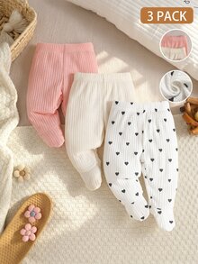 SHEIN 3件組女嬰幼兒女童連腳褲襪，可愛甜美粉色白色羅紋針織愛心印花，常規款，適合假日、秋季、聖誕節、婚禮賓客，高彈性 - 彩色 - 查看 2