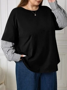 SHEIN CURVE+ Women's Plus Size New 2 In 1 Patchwork Round Neck Loose Long Sleeve T-Shirt, Autumn/Winter Fashion Casual Top, Suitable For 5XL-8XL Fall - Black - View 4