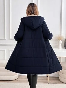SHEIN Clasi 大尺碼女款純色前拉鍊連帽長版保暖內裡冬季外套 - 藏蓝色 - 查看 2