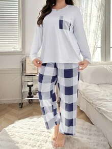 Lazeform Plaid Print Round Neck Long Sleeve Long Pants Plus Size Pajama Set - Navy Blue - View 6