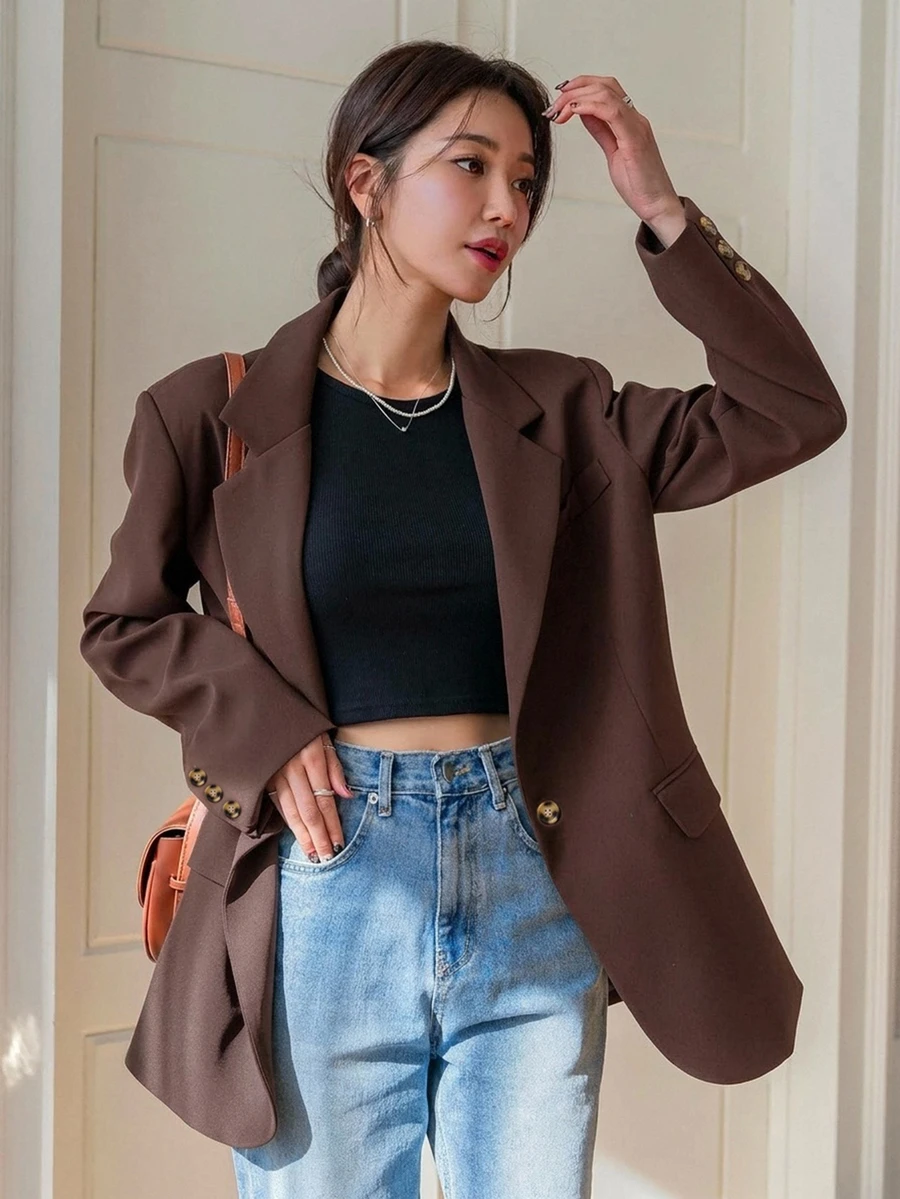 DAZY 女款純色翻領長袖商務休閒西裝外套 - 棕色 - 查看 1
