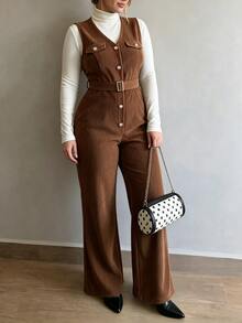 Elenzga Plus Size VNeck Corduroy Jumpsuit, Belt Waist Decorative Buttons Wide Flare Leg Jumpsuit - Brown - View 7