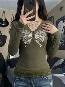 Strévra Women's Butterfly Print Contrast Lace V-Neck Button Placket Long Sleeve T-Shirt Graphic Tees - Green - View 8