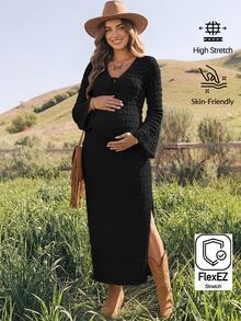 Boho Mama Gaun Hamil Polos Warna Polos dengan Ikatan Depan, Leher V, Lengan Lebar, dan Belahan Samping, Model Kasual untuk Musim Gugur - Hitam - View 1