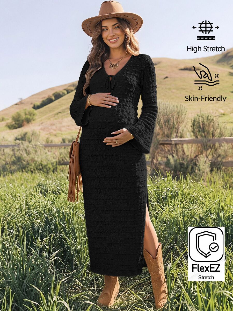 Boho Mama Gaun Hamil Polos Warna Polos dengan Ikatan Depan, Leher V, Lengan Lebar, dan Belahan Samping, Model Kasual untuk Musim Gugur - Hitam - View 1
