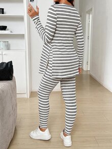 SHEIN 孕婦條紋長袖上衣與可調腰圍長褲休閒日常兩件套 - 杏色 - 查看 8