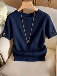 GlowEve CURVE Plus Size Women's Elegant Solid Color Crew Neck Knit T-Shirt, Suitable For Spring/Summer Layering And Casual Wear, Minimalist Fashion