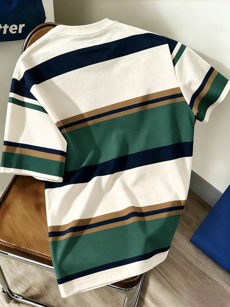 Manfinity Hypemode Men's Round Neck Horse Pattern Contrast Color Striped Short Sleeve T-Shirt - Green - View 2