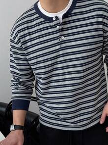 DAZY Men's Brown & Blue Striped Fabric Crew Neck Half-Button Front Ribbed Cuff T-Shirt, Spring/Autumn - Navy Blue - View 4