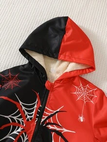 SHEIN Young Boy Casual Street Style Spider Web Spider Print Hooded Open Front Long Sleeve Jacket, Red And Black, Suitable For Commuting, School, Outings, Sports, Spring, Summer, Autumn, Winter, Halloween - Multicolor - View 5