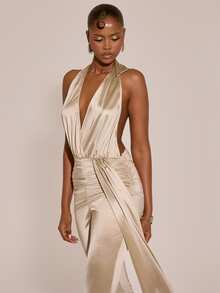 MUSERA Slinky Metallic Golden V Plunge Bust Ruched Waist Fitted Flare Jumpsuit Sexy Evening Night Going Out Fall Winter Autumn Solitude - Khaki - View 5
