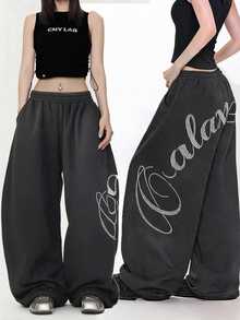 FRIFUL Women's Summer New Loose Casual Versatile Sweatpants With Back Rhinestone Letter - Grey - View 5
