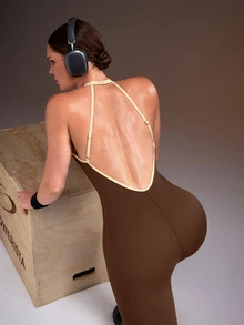 Powerista Women's Backless Halter Colorblock Fitted Sports Jumpsuit - Brown - View 5