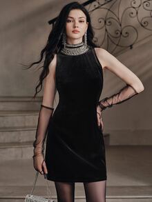 Anewsta Affair Gaun Malam Wanita Tanpa Lengan Berhiaskan Rhinestone yang Mempertegas Pinggang, Romantis dan Elegan - Hitam - View 5