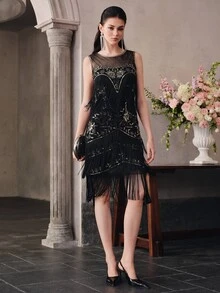 Anewsta Affair Women's Mesh Patchwork Sequin Fashion Cocktail Party Dress - Black - View 3