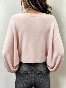 SHEIN 女款圓領花瓣袖粉色甜美休閒毛衣 - 淺粉色 - 查看 2
