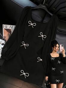 GlowEve Women's Square Neck Mini Dress, Sheer Puff Long Sleeve, Pearl Bow Decor, Slim Fit A-Line Short Design, Sweet Elegant Mini Dress, Suitable For Party, Date And Daily Wear - Black - View 1