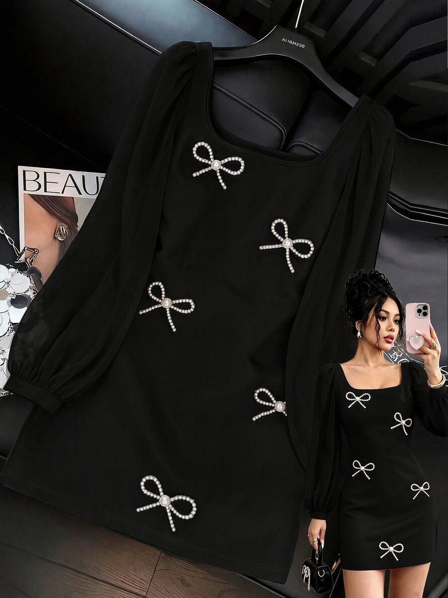 GlowEve Women's Square Neck Mini Dress, Sheer Puff Long Sleeve, Pearl Bow Decor, Slim Fit A-Line Short Design, Sweet Elegant Mini Dress, Suitable For Party, Date And Daily Wear - Black - View 1
