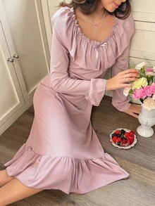 Snug Reverie Gaun Santai Wanita Gaya Prancis dengan Ruffle, Leher V, dan Pita, Panjang Sedang - Dusty Pink - View 6