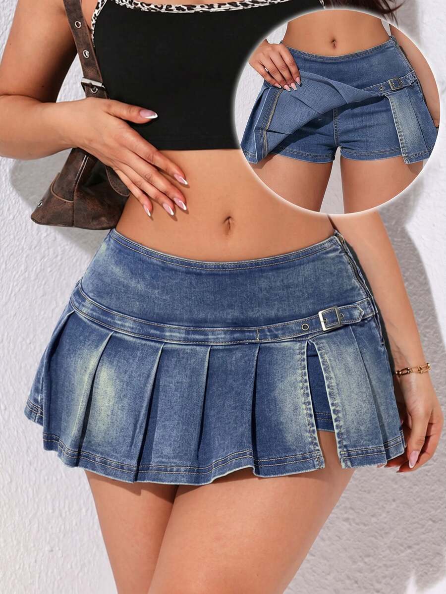 Jeanoix Women's Pleated Casual Versatile Daily Denim Mini Skirt - Blue - View 1