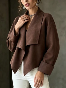 Airaco Plus Size Women's Casual Large Collar Design Brown Autumn/Winter Suede Long Sleeve Jacket - Brown - View 3