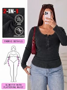 Solflare Plus Size Solid Rib-Knit Half Button Placket Slim Waist Tee Fall - Black - View 1