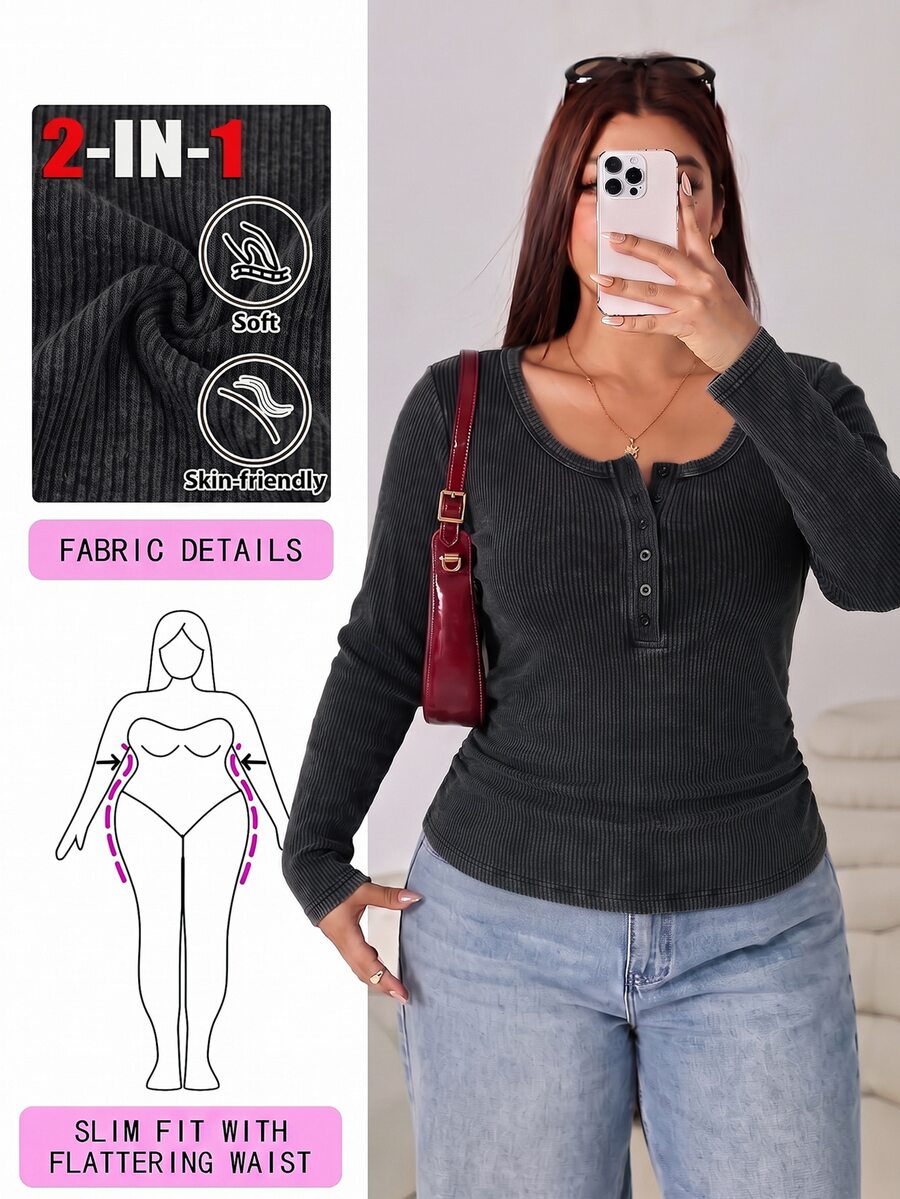 Solflare Plus Size Solid Rib-Knit Half Button Placket Slim Waist Tee Fall - Black - View 1