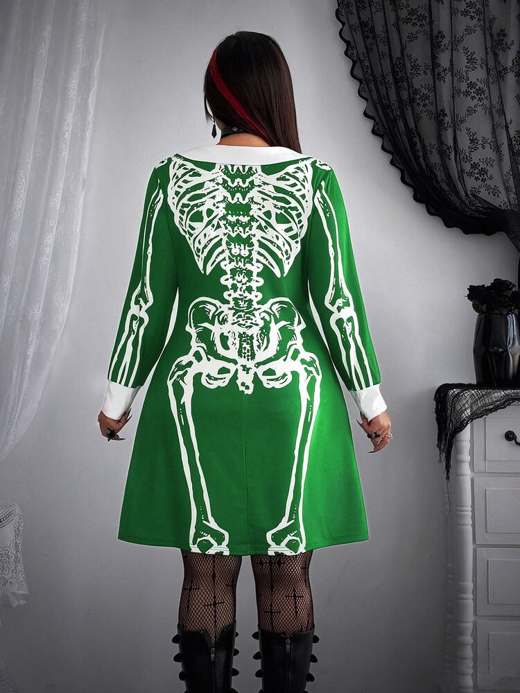 Whyspr Plus Size Halloween Cosplay Dark Punk Wednesday Skull Collar Vintage Cute Short Dress - Multicolor - View 2