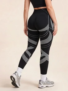 SHEIN Plus Size Women's Colorblock Casual Daily Wear Sports Tight Leggings - Black - View 4