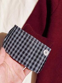 Comfortcana Women's Patchwork Plaid Cuff Single-Breasted Knit Cardigan - Burgundy - View 3