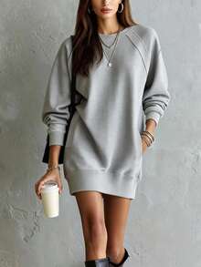 Trelyra Women's Solid Color Round Neck Dropped Shoulder Long Sleeve Casual Sweatshirt Dress - Grey - View 1