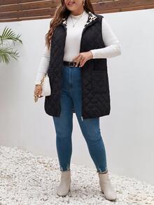 Lounesse Jaket Musim Dingin Tanpa Lengan Kasual Wanita Ukuran Besar Motif Leopard dengan Lapisan Dalam dan Resleting Depan, Mantel Kasual untuk Harian Wanita, Mantel Kerja Kasual Musim Gugur/Musim Dingin - Hitam - View 8