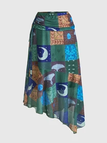 ROMWE Vintage Vacation Boho Hippie Asymmetrical Hem Ruffle Paisley Print Women's Skirt - Multicolor - View 5