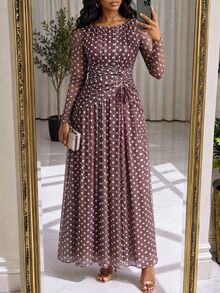 SHEIN Lady Women's Polka Dot Pattern Drawstring Waist Long Sleeve Elegant Dress - Multicolor - View 5