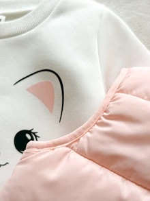 SHEIN Vintaside Kids 3件組幼女背心T恤喇叭褲套裝，可愛甜美粉色白色貓咪圖案，絎縫拉鍊羅紋長袖，生日派對冬季秋季假期穿搭 - 淺粉色 - 查看 7