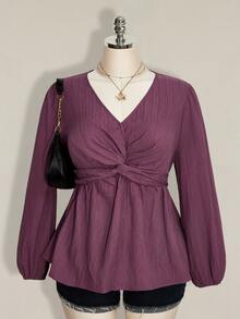 SHEIN ICON 女款大尺碼黑色扭轉胸前紋理燈籠袖上衣 - 紫色 - 查看 3