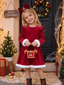 LMoss Kids Young Girl Young Girl Casual Minimalist Comfortable Collared Petal Sleeve Patchwork Contrast Color Dress - Multicolor - View 2