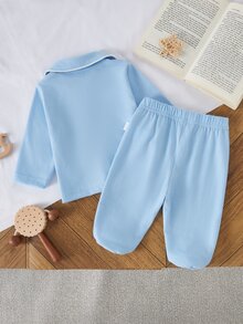 春秋冬季新生兒居家服 藍色簡約可愛彼得潘領開襟長袖上衣搭配連腳褲套裝，柔軟舒適，新生兒最佳禮物 - 藍色 - 查看 2