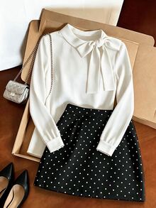 INAWLY Women's Long Sleeve Minimalist Blouse And Polka Dot Skirt 2 Pieces Set - Black and White - View 1