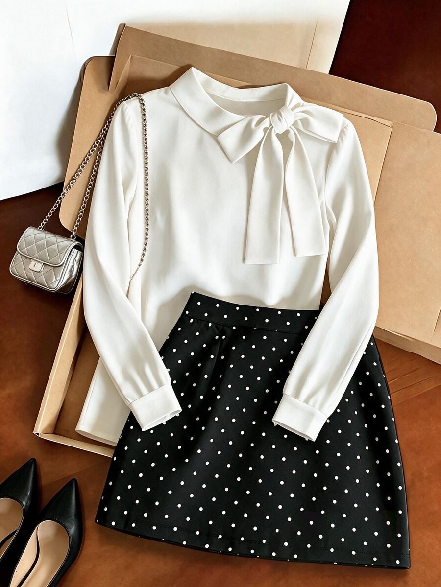 INAWLY Women's Long Sleeve Minimalist Blouse And Polka Dot Skirt 2 Pieces Set - Black and White - View 1