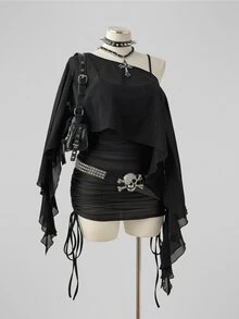Sunspun Plus Size Spring/Summer Sheer Top & Fitted Drawstring Camisole Dress 2 Pieces Set - Black - View 6