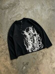 ROMWE MEN Street Life Button Decor Cartoon Character Print Loose Long Sleeve T-Shirt - Black - View 8