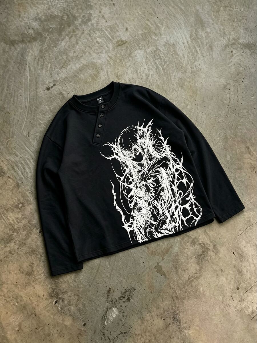 ROMWE MEN Street Life Button Decor Cartoon Character Print Loose Long Sleeve T-Shirt - Black - View 1